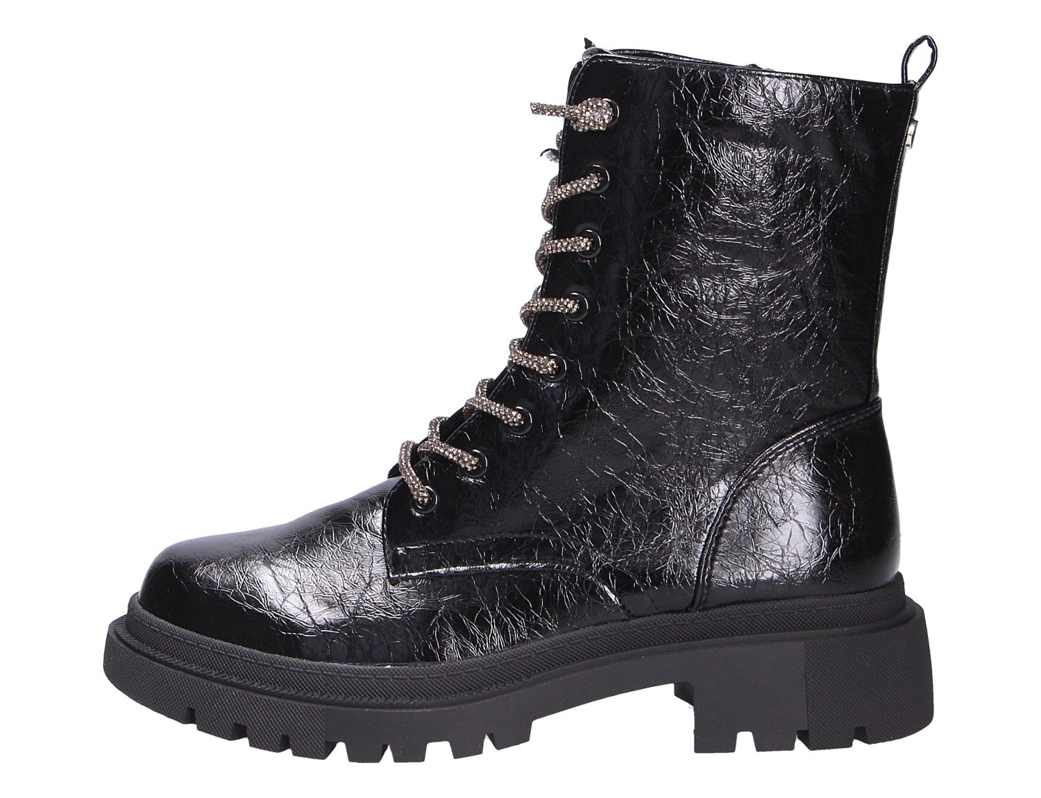 La Strada Damen Stiefel, schwarzer Schnürstiefel mit glänzender Crinkle-Optik, Reißverschluss und robuster Profilsohle