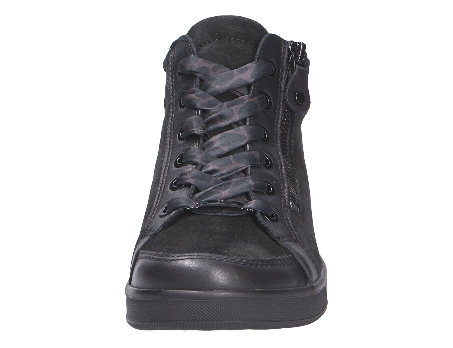 Frontansicht des Ara ROM High-Top-Sneakers in Schwarz mit seitlichem Reißverschluss, Schnürung und flacher Sohle