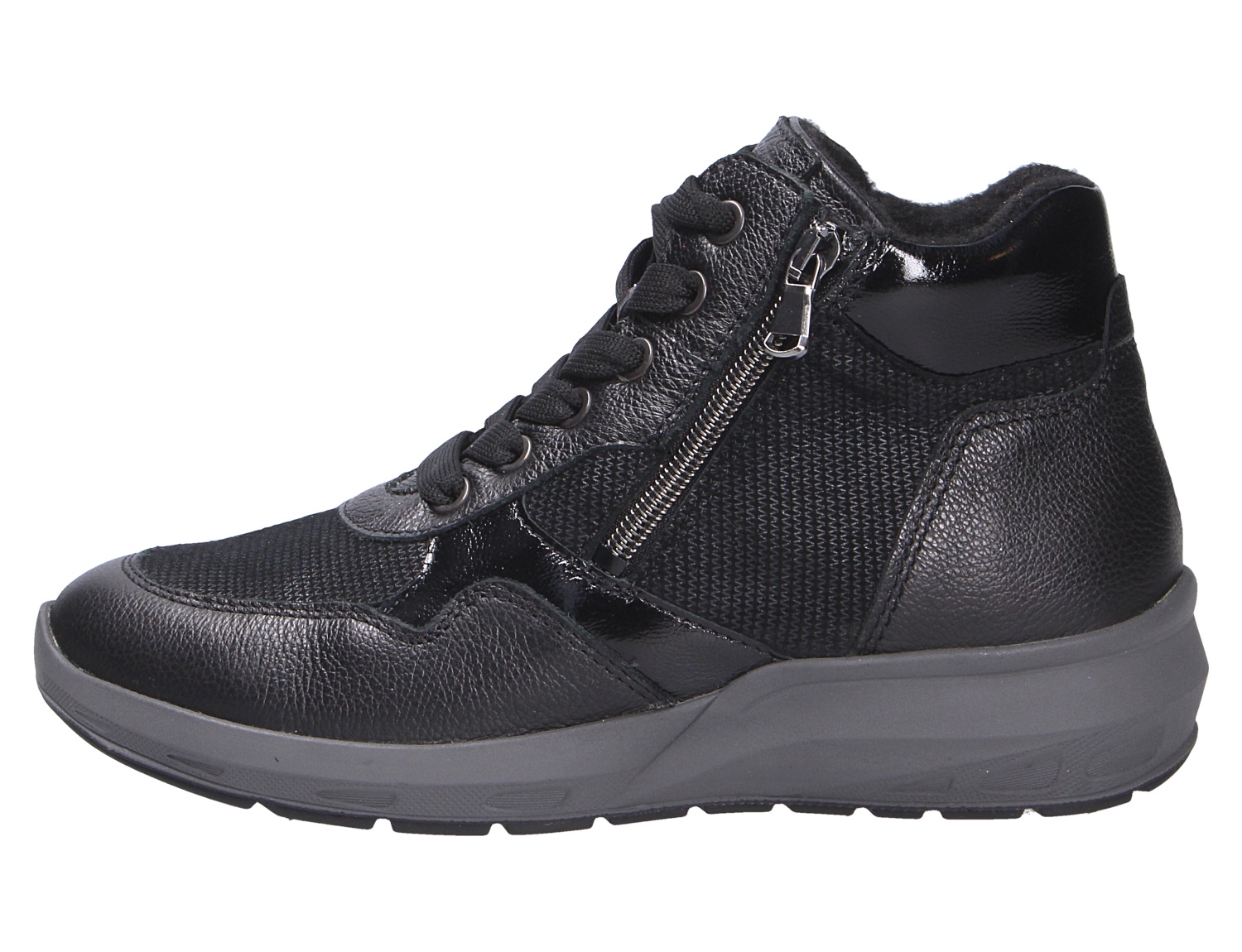 Waldläufer M-Tonia Damen-Sneaker in Schwarz, seitliche Ansicht, knöchelhoch mit Schnürung, Reißverschluss und profilierter Sohle