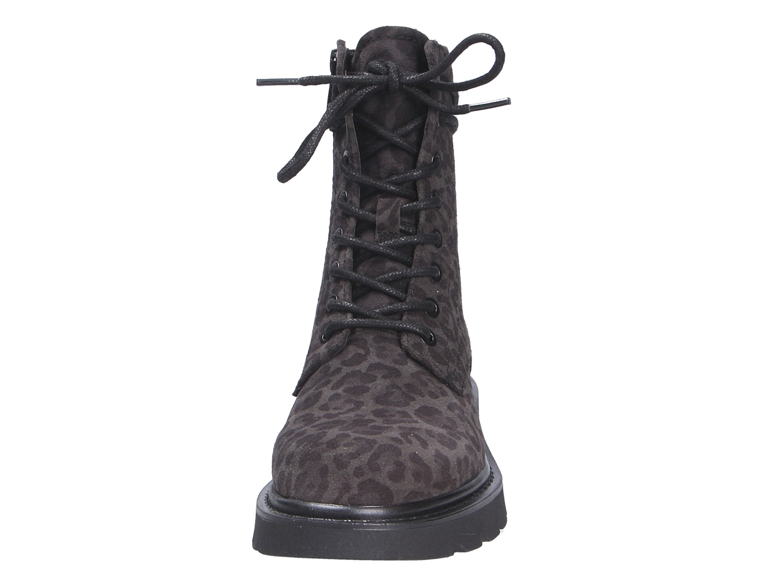 Vorderansicht der Tamaris Damen Stiefel in Schwarz mit Schnürung, robuster Sohle und dezentem Leopardenmuster