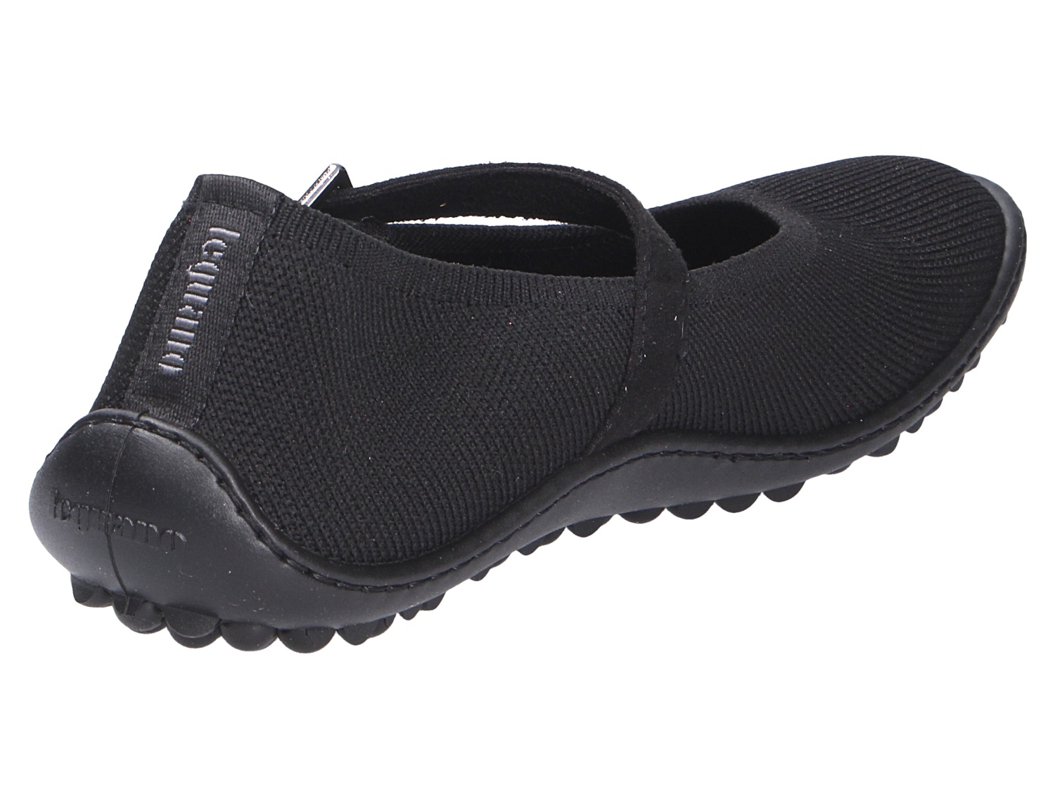 Leguano Lady Love Damen-Barfußschuh in Schwarz, seitliche Rückansicht mit Riemen und flexibler Sohle