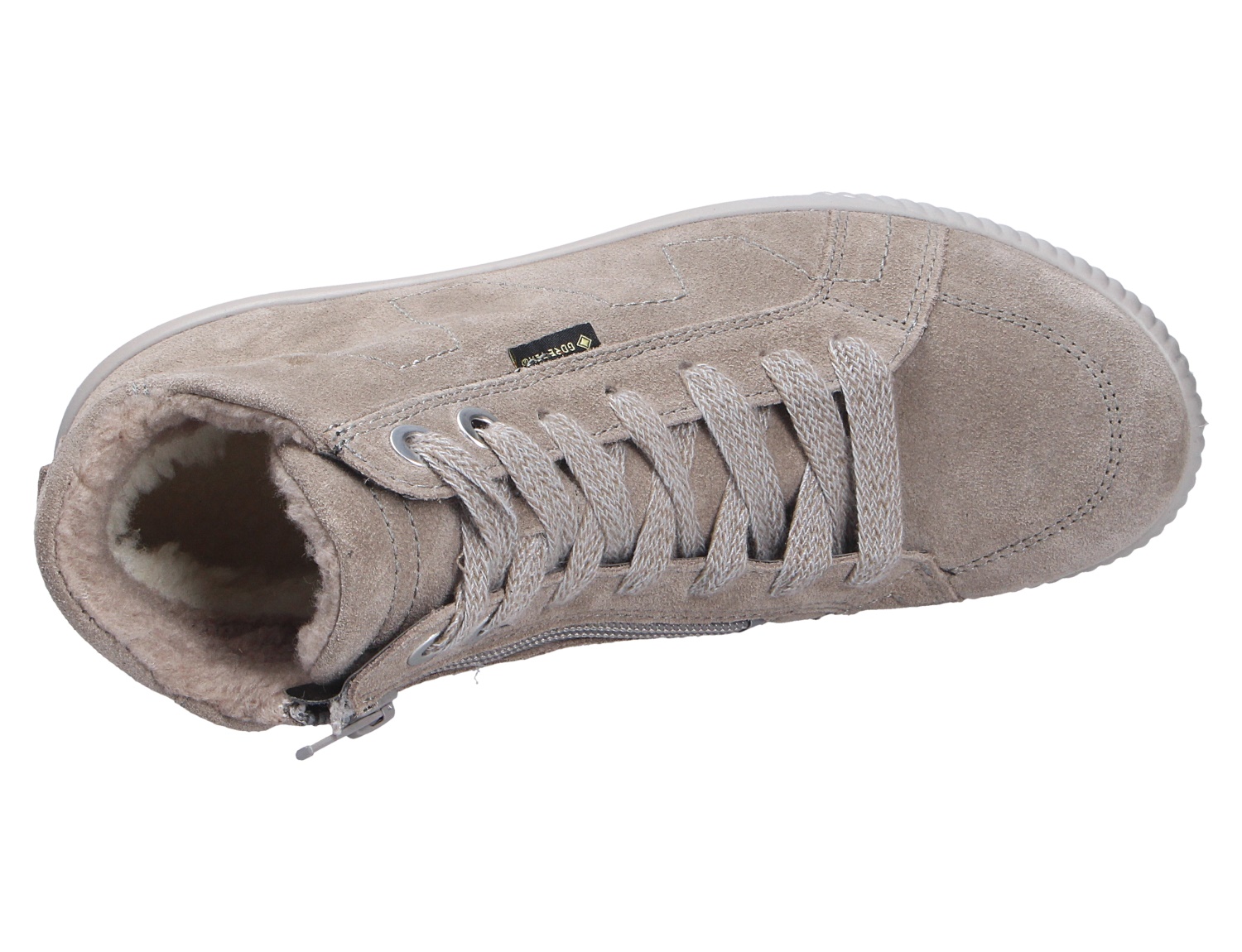 Draufsicht auf den Legero TANARO 5.0 Winter-Sneaker in Taupe aus Veloursleder mit Schnürung, Reißverschluss, warmem Futter und GORE-TEX-Ausstattung