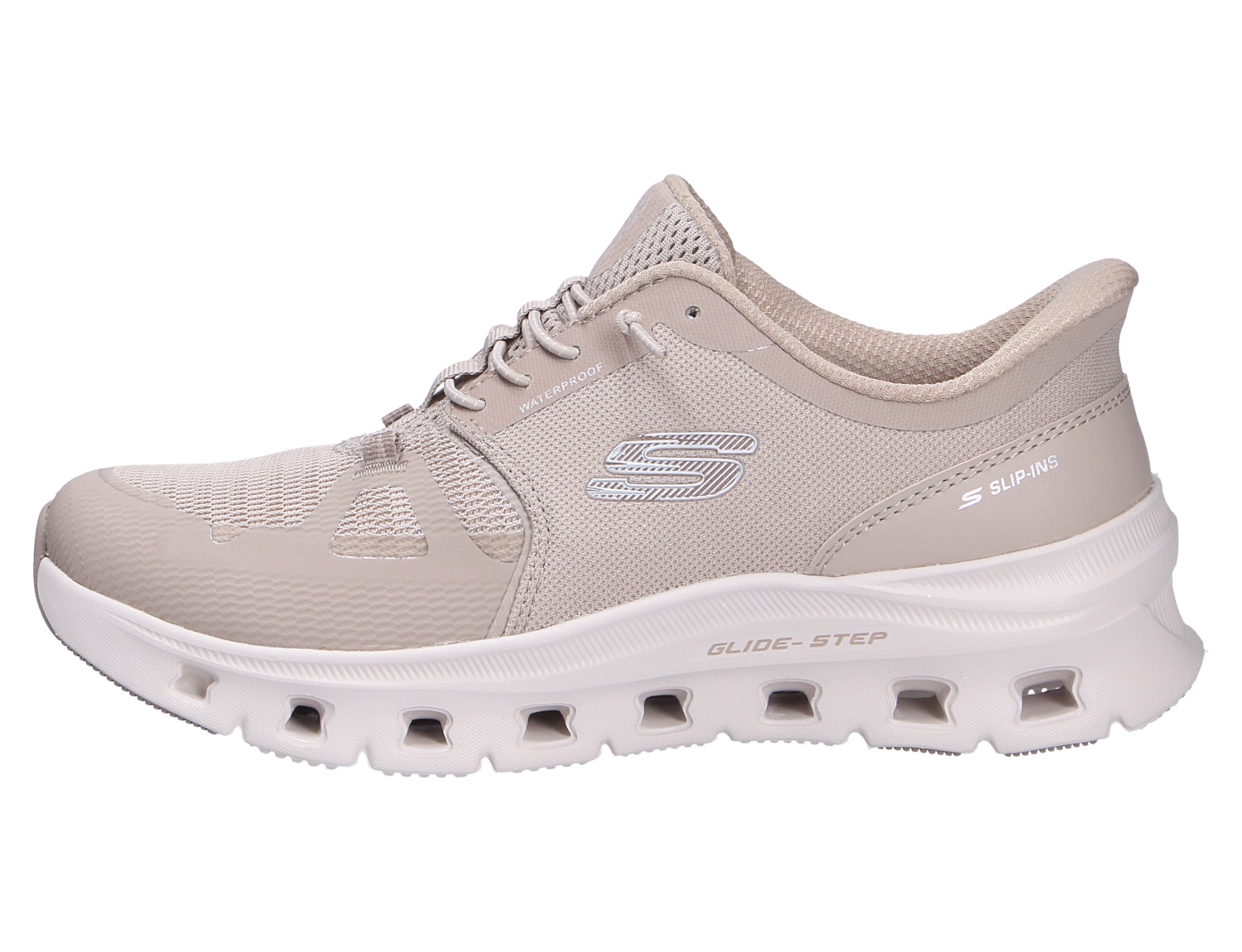 Skechers Glide Step Pro Slip-Ins Waterproof Sneaker in Beige mit atmungsaktivem Mesh-Obermaterial und markanter Glide-Step-Sohle, Seitenansicht