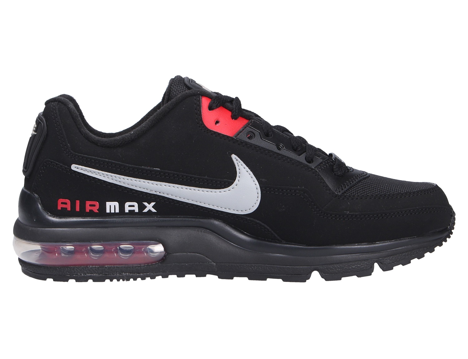 Nike Air Max LTD 3 Herren-Sneaker in Schwarz mit silbernem Swoosh, roten Akzenten und sichtbarer Air-Max-Dämpfung in der Seitenansicht