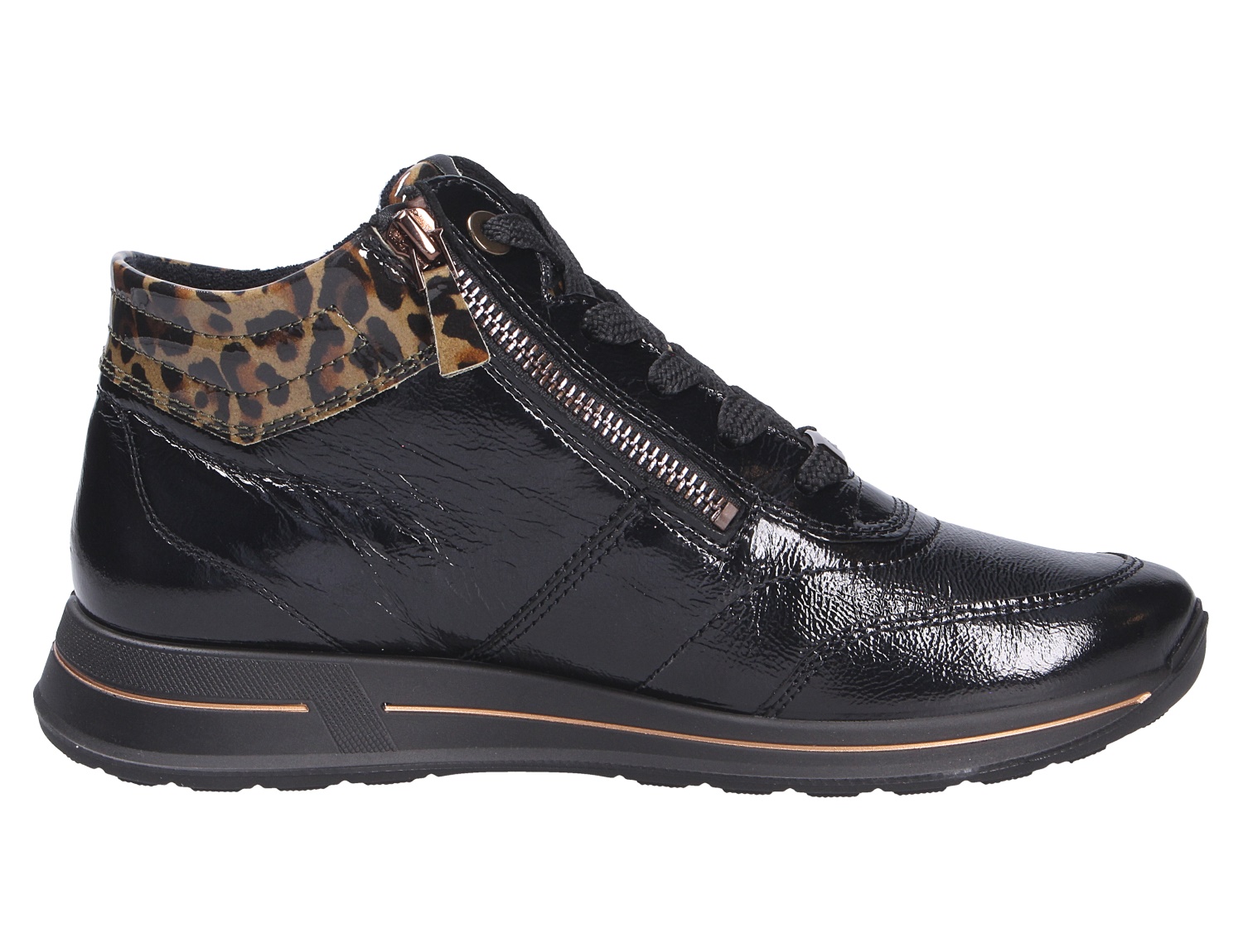 Ara OSAKA Damen-Sneaker in Schwarz aus Lackleder mit seitlichem Reißverschluss, Schnürung und Leopardenmuster am Schaftrand