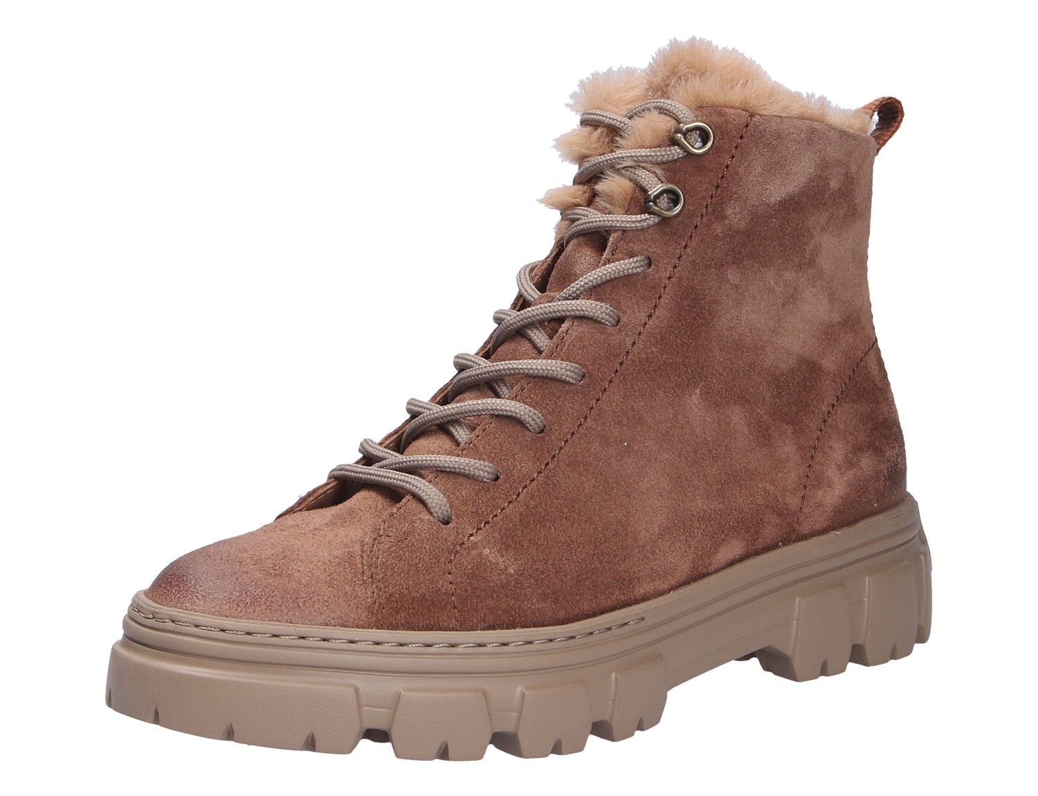 Paul Green Damen Stiefel in Braun aus Veloursleder mit Schnürung, weichem Fellfutter am Schaft und kräftiger Profilsohle