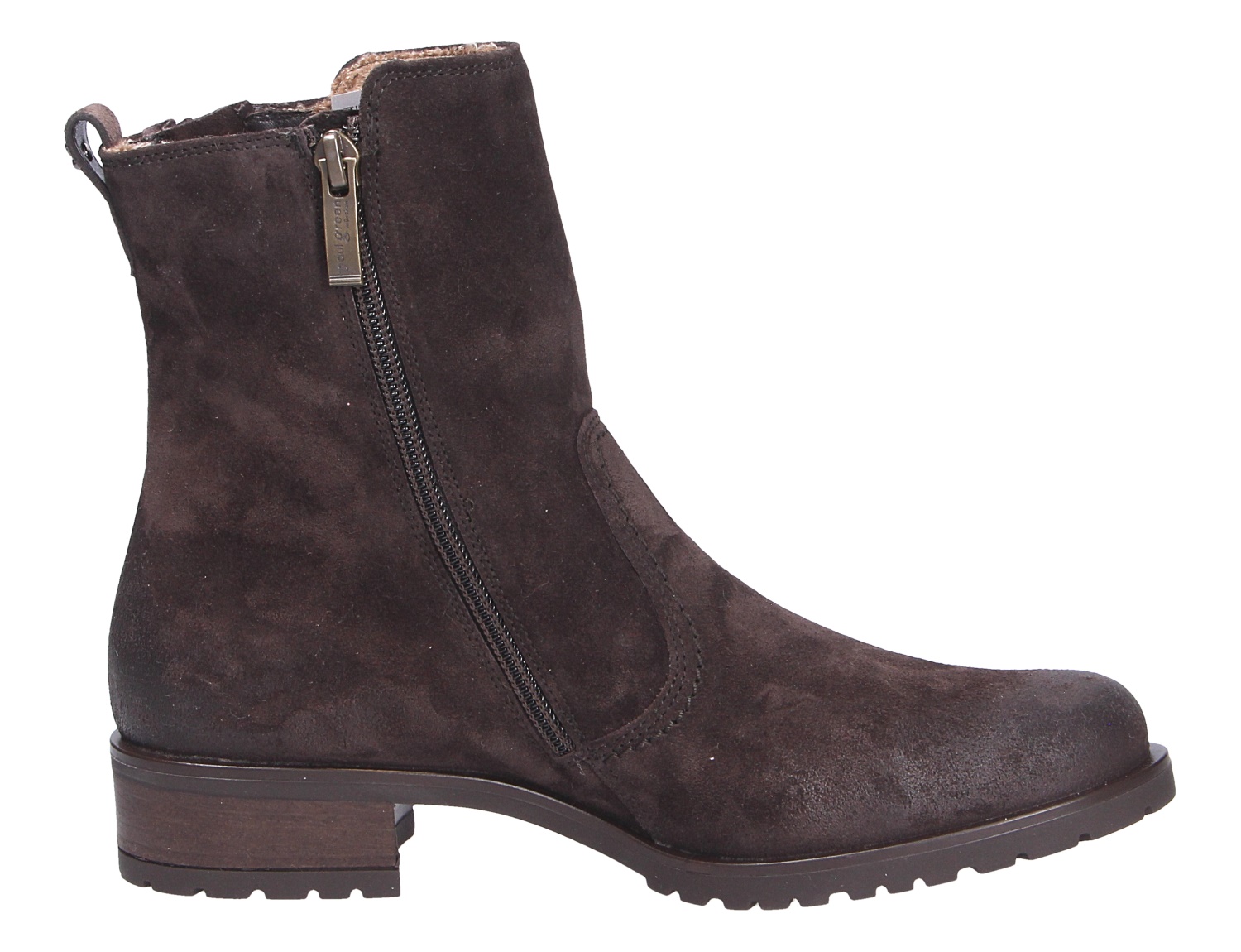Paul Green Damen Stiefel in Dunkelbraun aus Veloursleder, knöchelhoch mit seitlichem Reißverschluss und Profilsohle