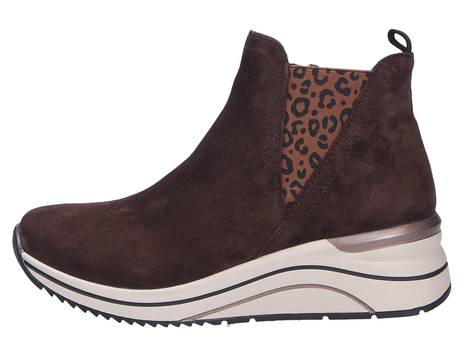 Remonte Damen Stiefel in Dunkelbraun aus Veloursleder, seitliche Ansicht mit Keilsohle und elastischem Leo-Einsatz
