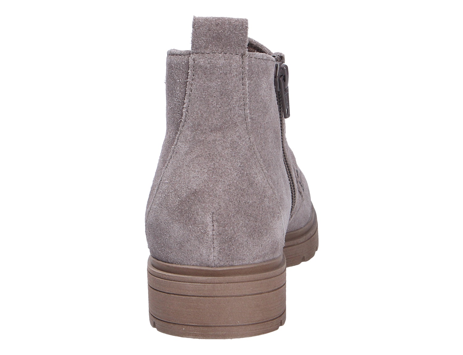 Rückansicht der Gabor Damen Stiefel aus taupefarbenem Veloursleder mit seitlichem Reißverschluss und flacher Sohle