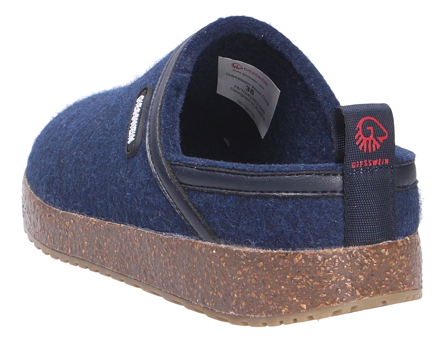 Rückansicht des Giesswein WOOL CLOG in Dunkelblau aus Wolle mit Korksohle und Zuglasche