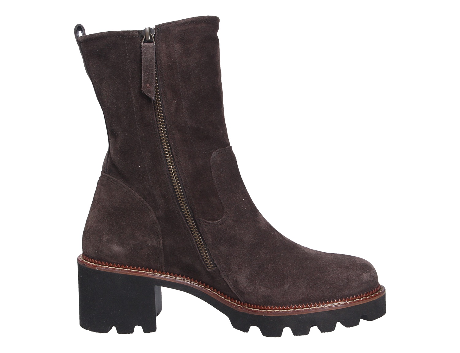 Paul Green Damen Stiefel aus dunkelbraunem Veloursleder, knöchelhoch mit seitlichem Reißverschluss, markanter Profilsohle und Blockabsatz