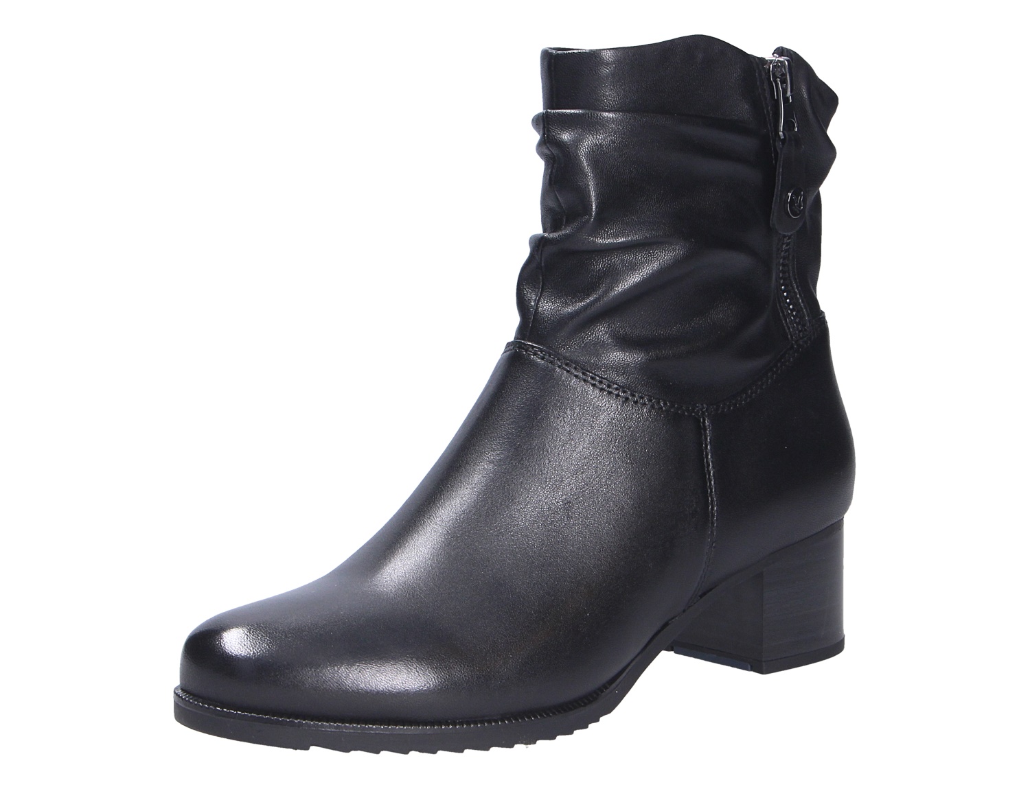 Caprice Damen Stiefel in Schwarz aus glattem Leder, modischer Kurzstiefel mit gerafftem Schaft, Blockabsatz und seitlichem Reißverschluss