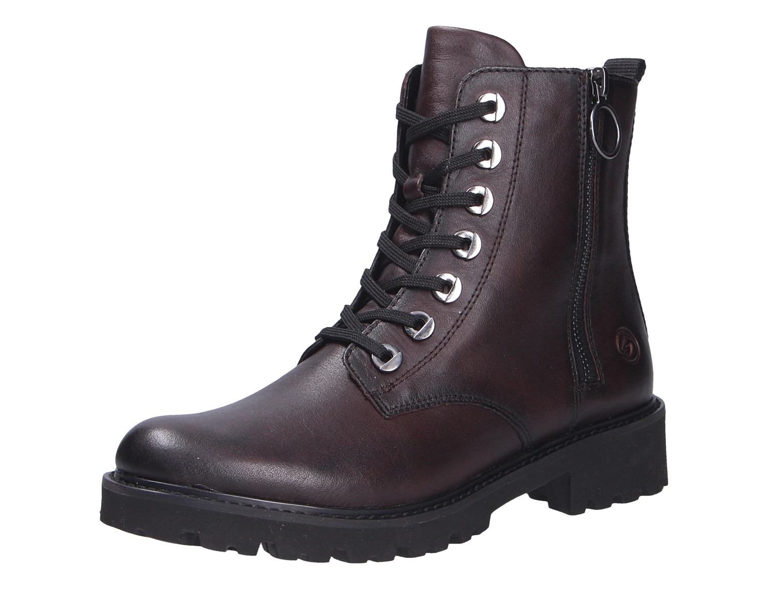 Remonte Damen Stiefel in Dunkelbraun aus Leder, knöchelhoch mit Schnürung, seitlichem Reißverschluss und robuster Profilsohle