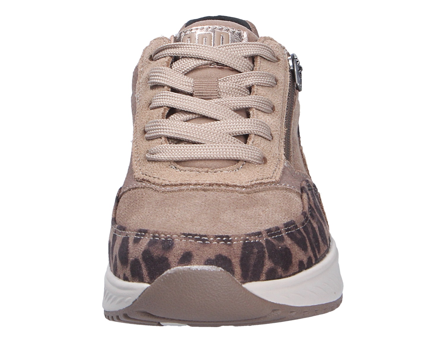 Frontansicht des Waldläufer H-Macie Sneakers in Beige aus Veloursleder mit Schnürung, Reißverschluss und Leopardenmuster-Details an der Spitze