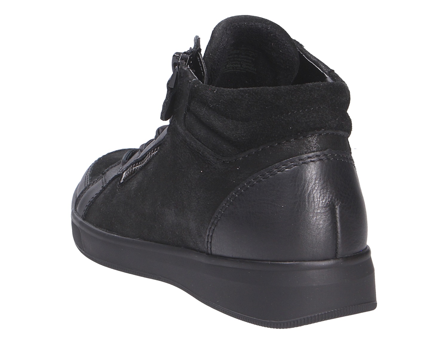 Rückansicht des Ara ROM High-Top-Sneakers in Schwarz mit seitlichem Reißverschluss, Schnürung und flacher Sohle