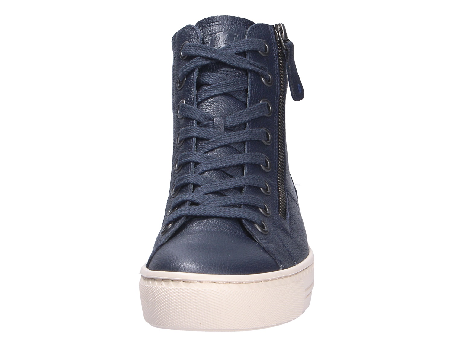 Frontansicht des Paul Green Damen Sneakers in Dunkelblau aus Leder mit Schnürung, seitlichem Reißverschluss und heller Sohle