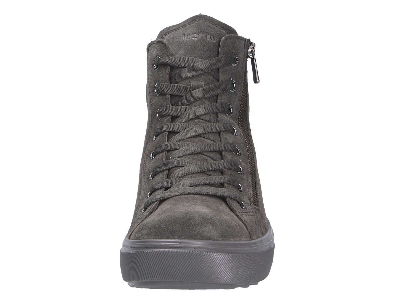 Frontansicht des Legero Milena Sneaker-Boots in Grau aus Veloursleder mit Schnürung, seitlichem Reißverschluss und robuster Sohle