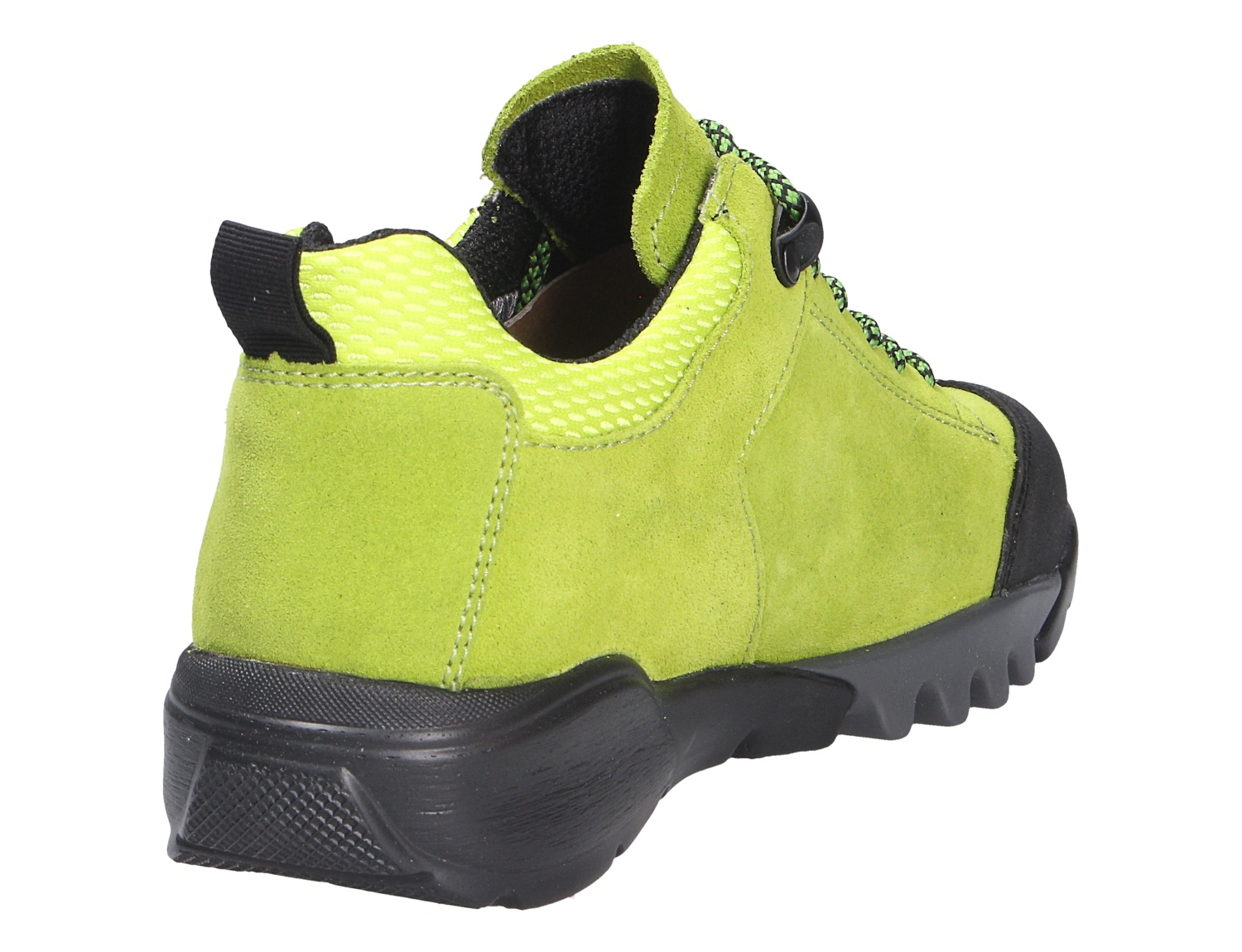 Rückansicht des Waldläufer H-Amiata Damen-Sneakers aus grünem Velours mit schwarzer Profilsohle und sportivem Komfortdesign für breite Füße