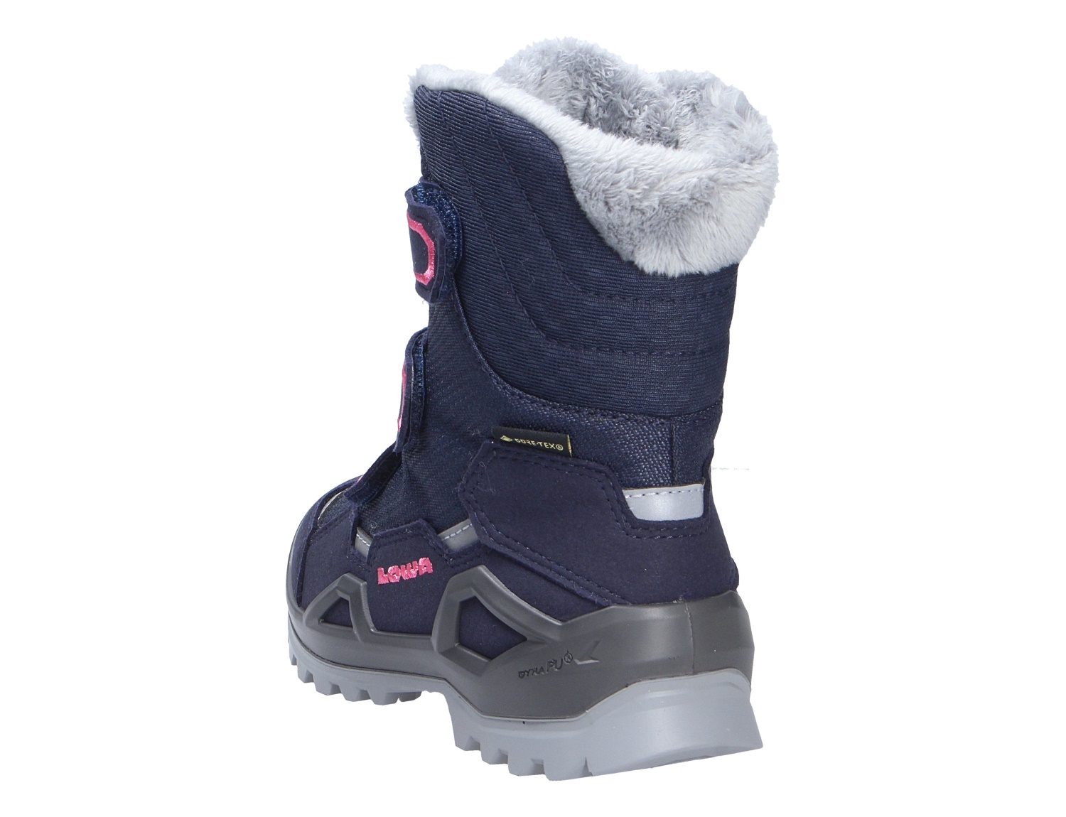 Rückansicht des Lowa MILO EVO GTX HI JR Kinder-Winterstiefels in Dunkelblau mit GORE-TEX, Klettverschluss, Profilsohle und kuscheligem Futterrand
