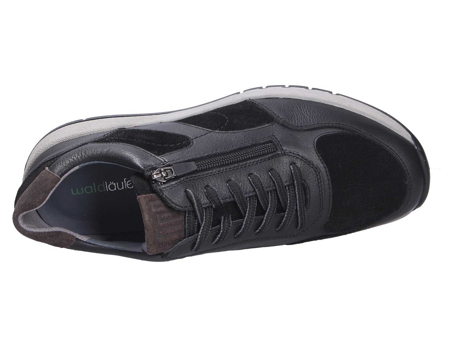 Waldläufer H-Anton Herren-Sneaker in Schwarz, sportlicher Halbschuh aus Leder mit Reißverschluss, Schnürung und heller Sohle, Draufsicht