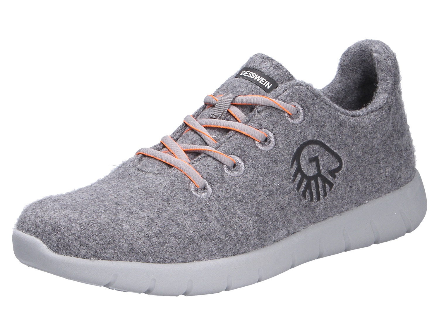 Giesswein MERINO RUNNERS MEN Herren-Sneaker aus grauer Merinowolle mit orange-grauen Schnürsenkeln und heller Sohle