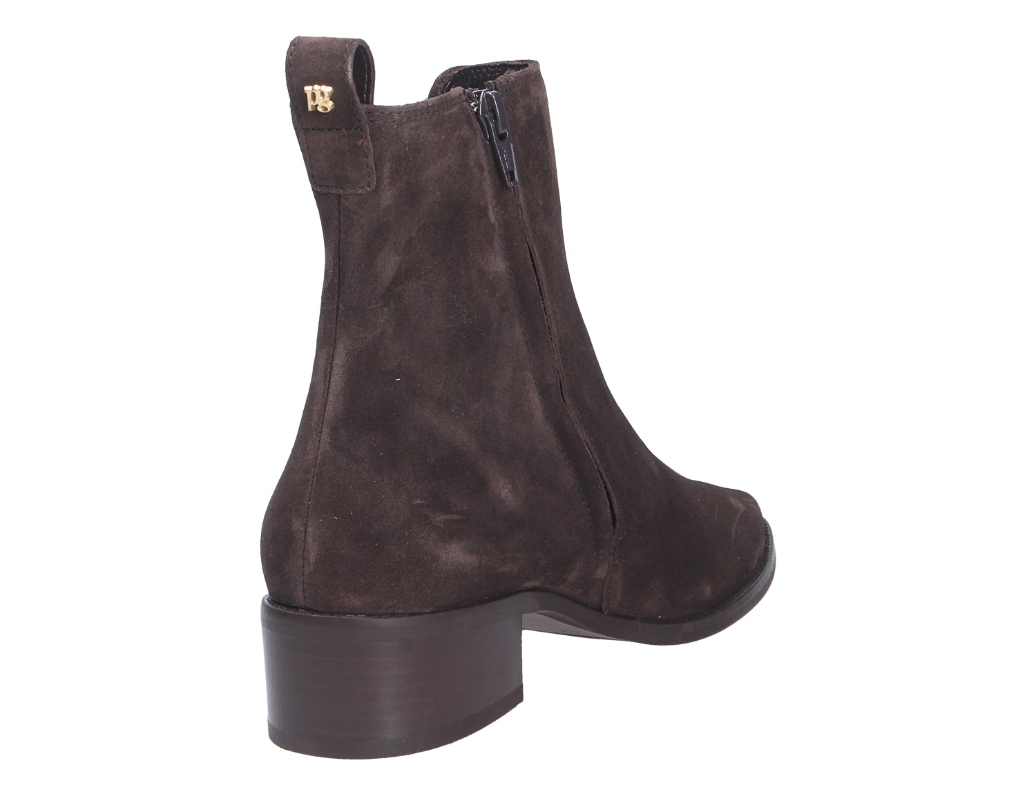 Paul Green Damen Stiefel in Dunkelbraun aus Veloursleder, seitliche Ansicht mit Reißverschluss, Zuglasche und stabilem Blockabsatz