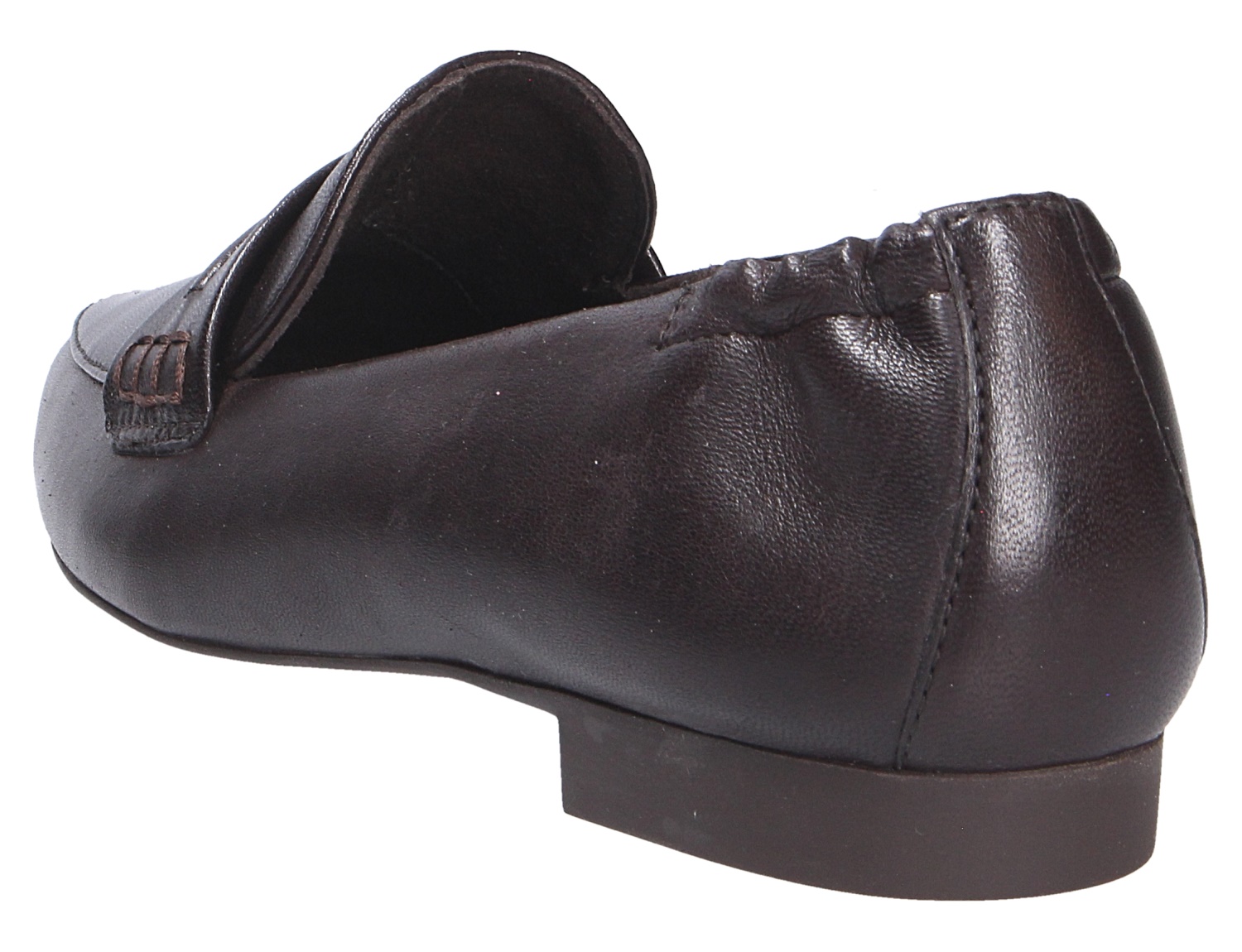 Paul Green Damen Slipper aus schwarzem Glattleder mit flachem Absatz in Seiten- und Rückansicht