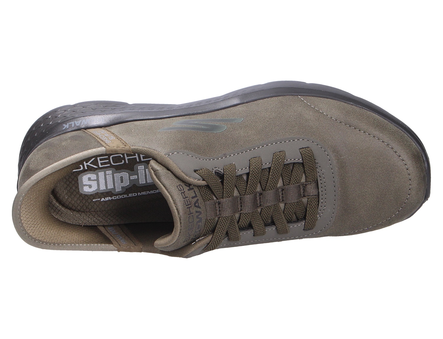 Draufsicht auf den olivgrünen Skechers Go Walk Flex Sneaker mit Schnürung und Slip-Ins-Komfort