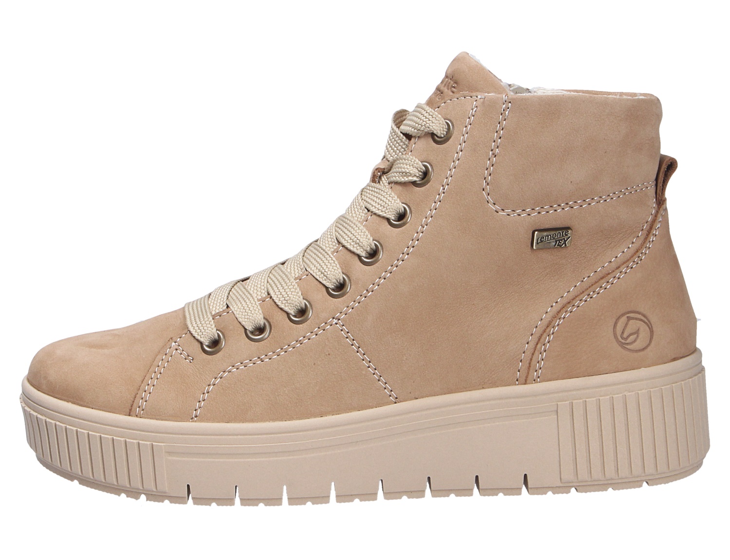 Remonte Damen Stiefel in Beige aus Veloursleder, knöchelhoher Schnürboot mit heller Plateau-Sohle und Profil