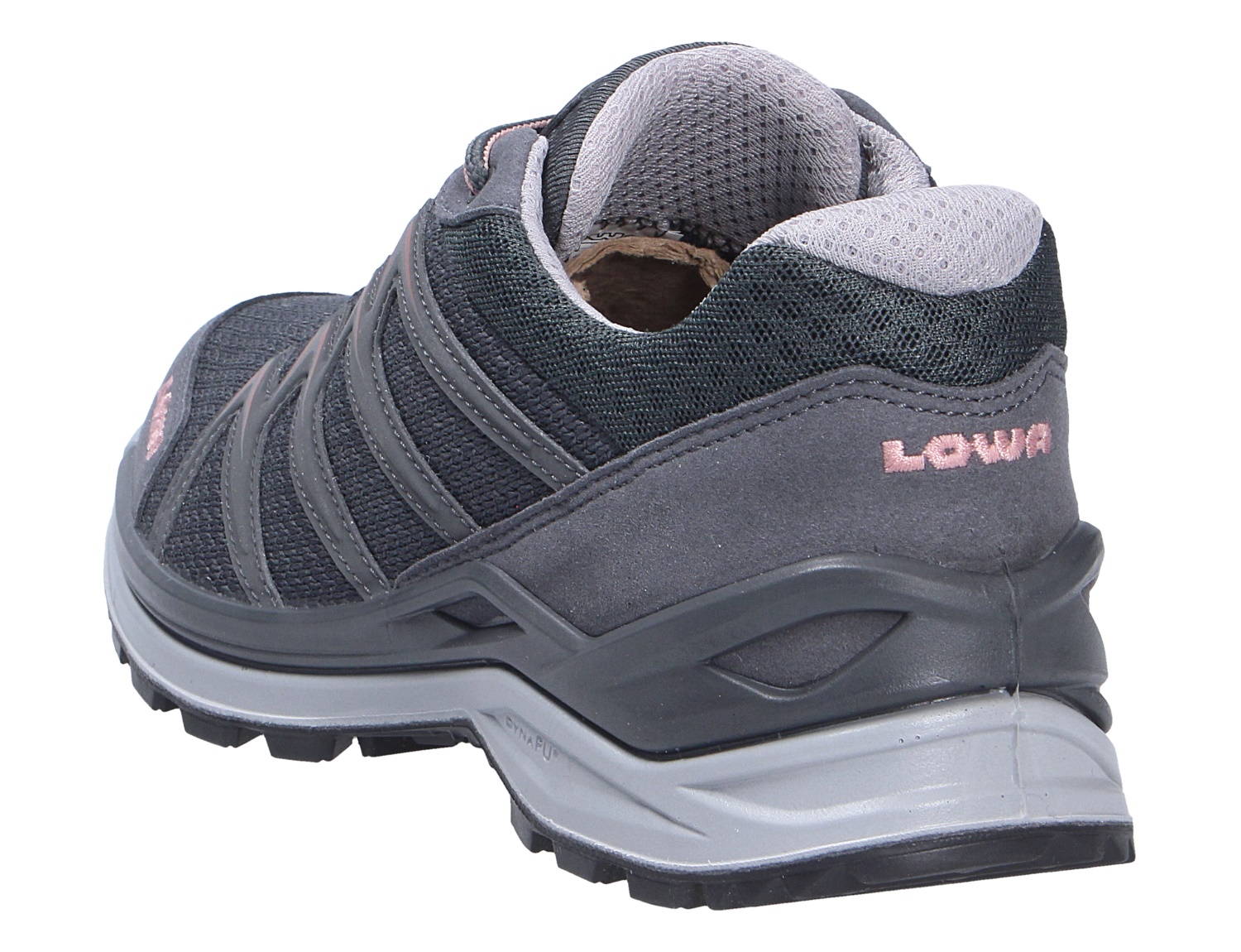 Rückansicht des Lowa INNOX PRO GTX LO Ws Damen-Outdoorschuhs in Schwarz/Grau mit griffiger Sohle und gepolstertem Schaft