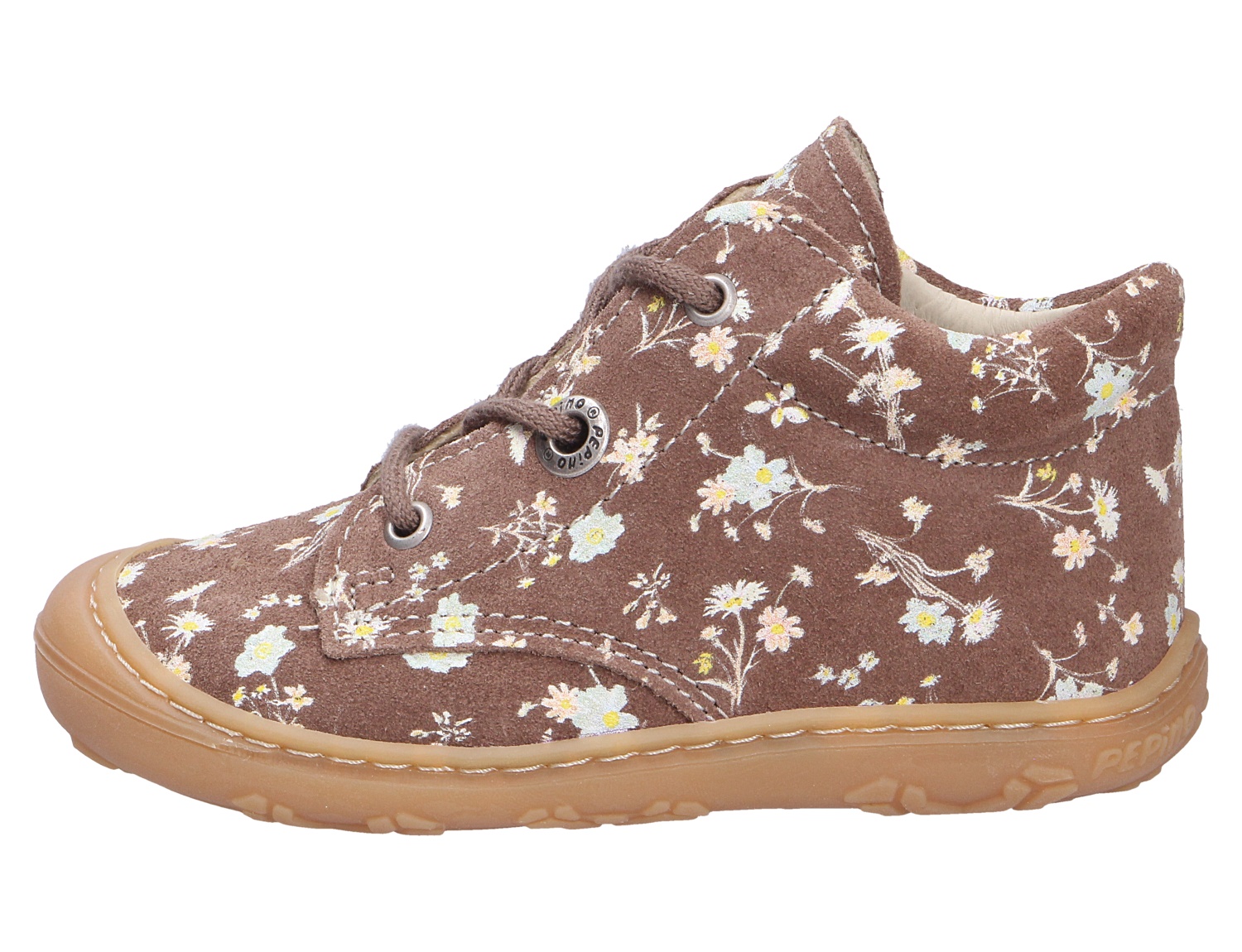 Ricosta Cory Kinder-Halbschuh, braunes Veloursleder mit floralem Print, Schnürung und heller Gummisohle in seitlicher Ansicht