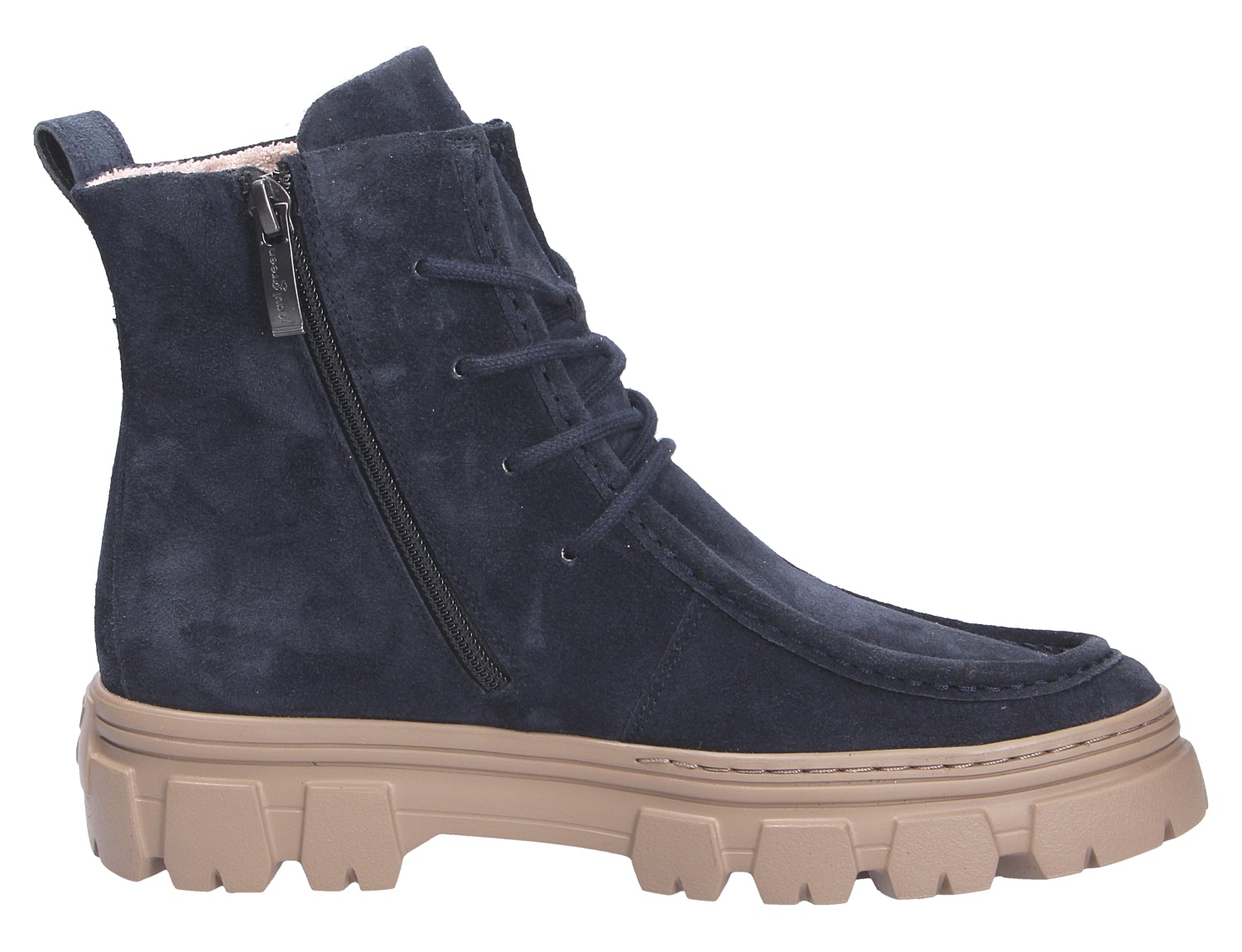 Paul Green Damen Schnürschuhe aus dunkelblauem Veloursleder, knöchelhohe Boots mit Schnürung, seitlichem Reißverschluss und markanter Profilsohle