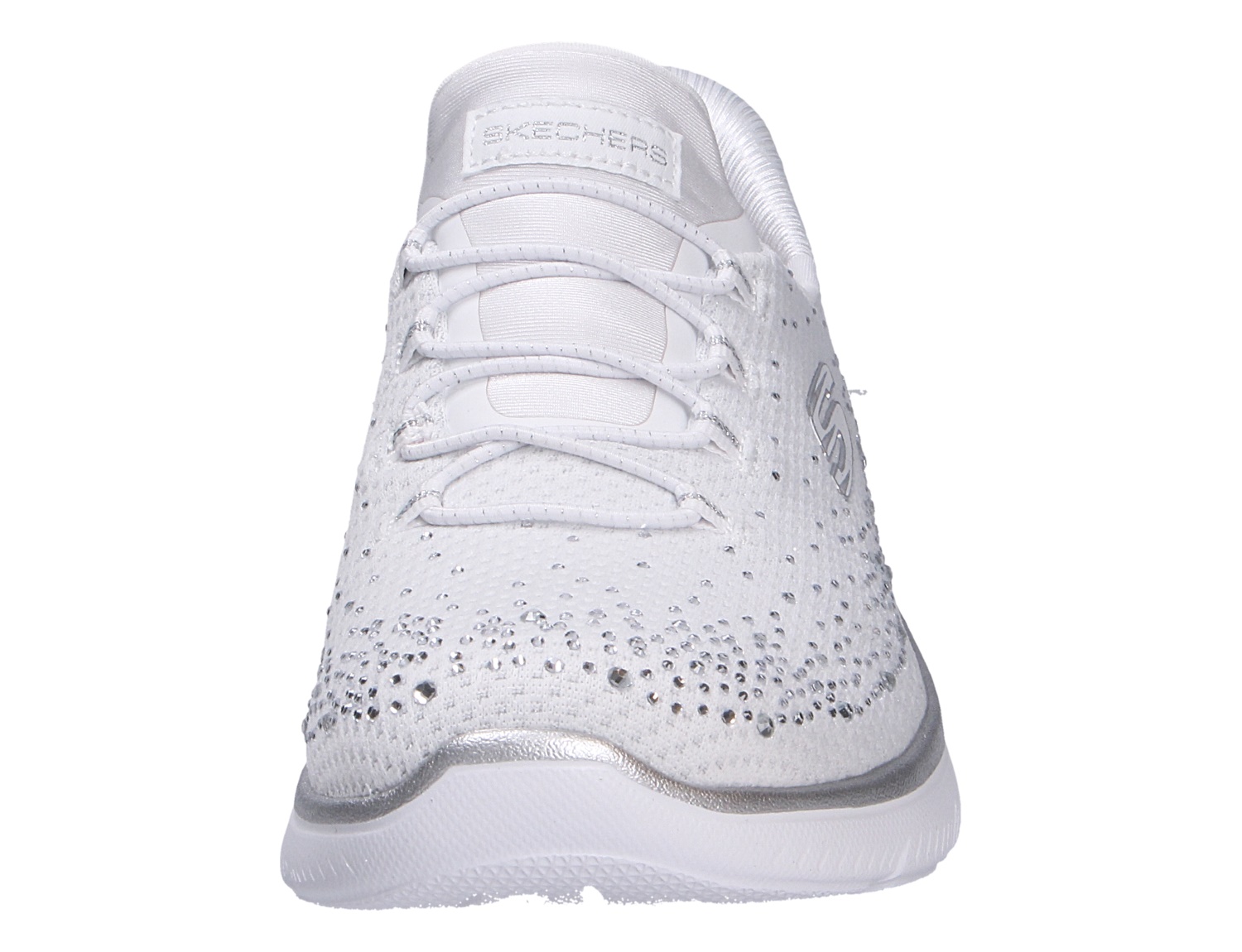 Frontalansicht des weißen Skechers Summits Sneakers mit funkelnden Glitzersteinen und sportlicher Schnürung