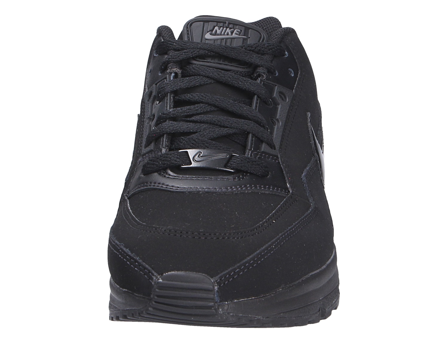 Frontansicht des Nike Air Max LTD 3 in Schwarz mit Schnürung und gepolsterter Zunge, sportlicher Sneaker für Alltag und Freizeit