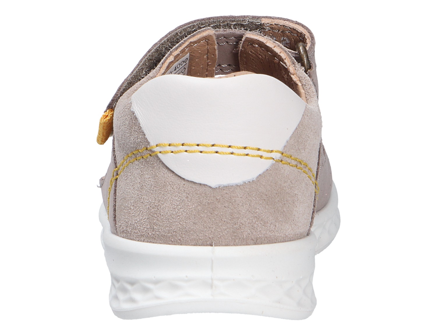 Rückansicht des Superfit Lagoon Schuhs aus Veloursleder in Beige mit weißer Sohle und gelben Ziernähten