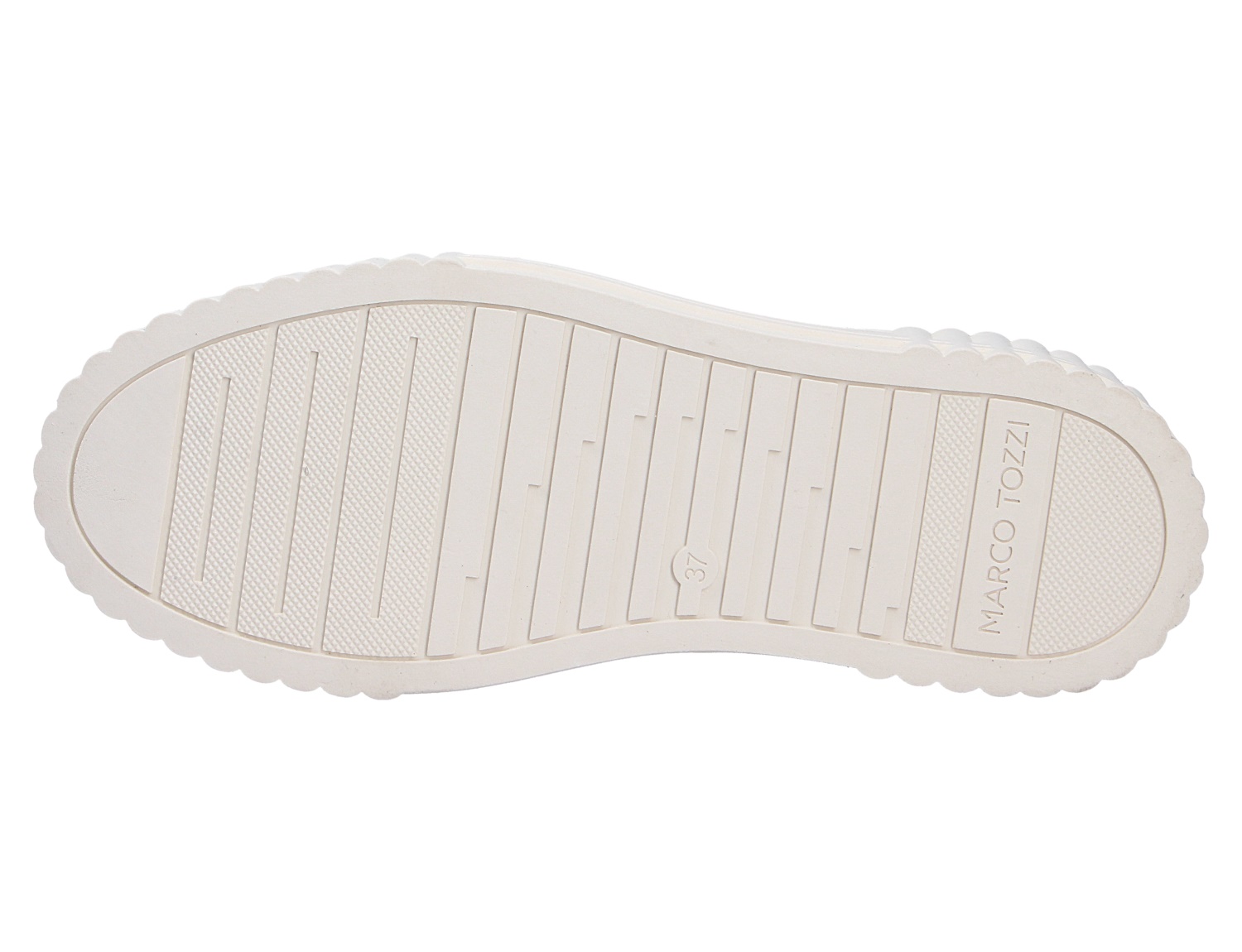 Unteransicht der weißen profilierten Laufsohle des Marco Tozzi Damen Sneaker mit strukturiertem Sohlenprofil