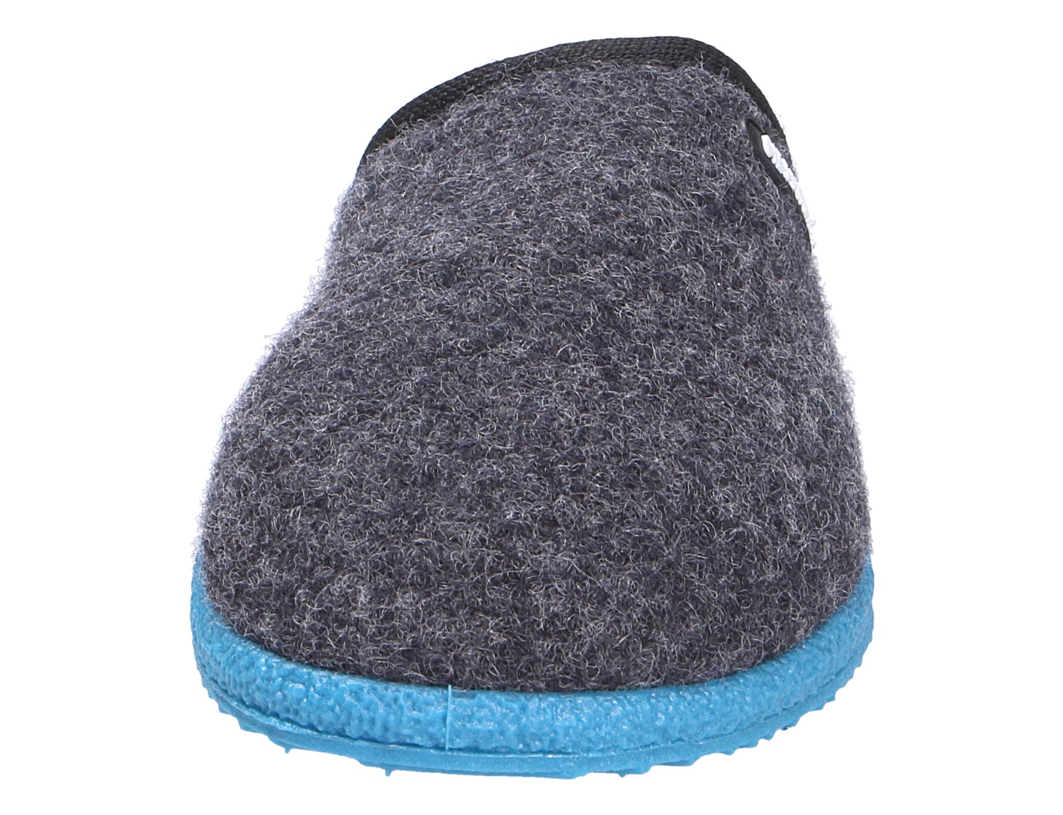 Rückansicht des Giesswein WOOLPOPS Hausschuhs aus Wolle in Dunkelgrau mit auffälliger blauer Sohle