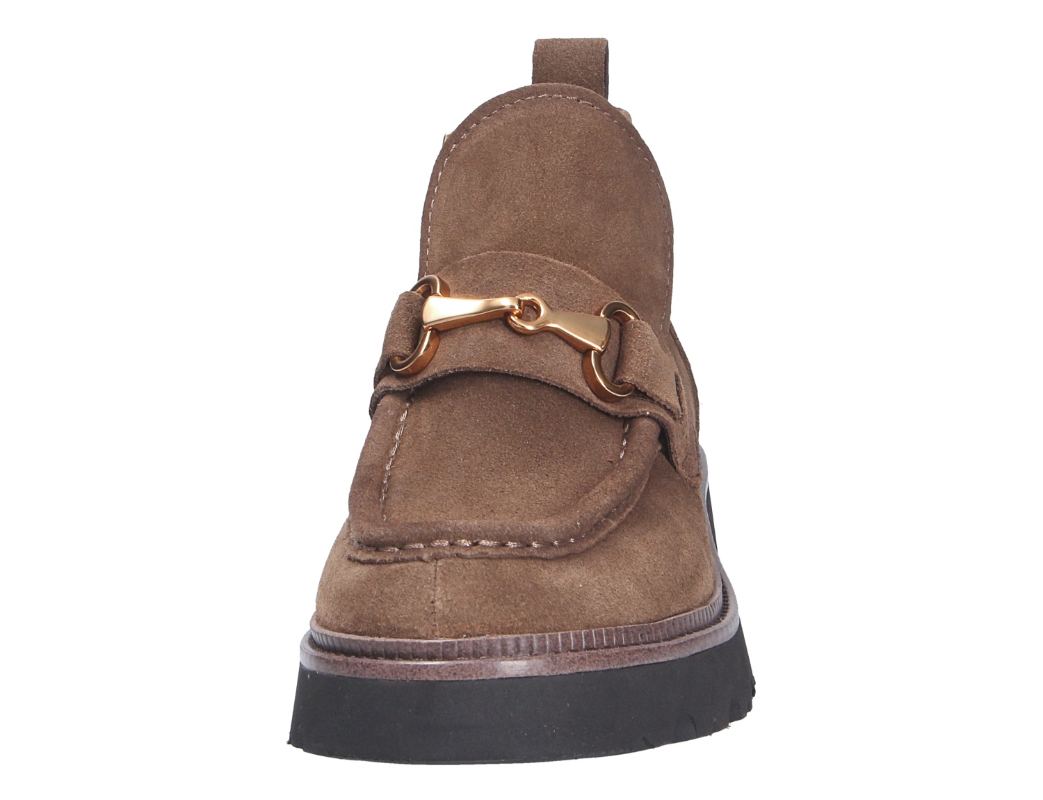Frontansicht der Tamaris Damen Stiefel in Braun aus Veloursleder mit goldfarbener Zierspange und markanter schwarzer Sohle