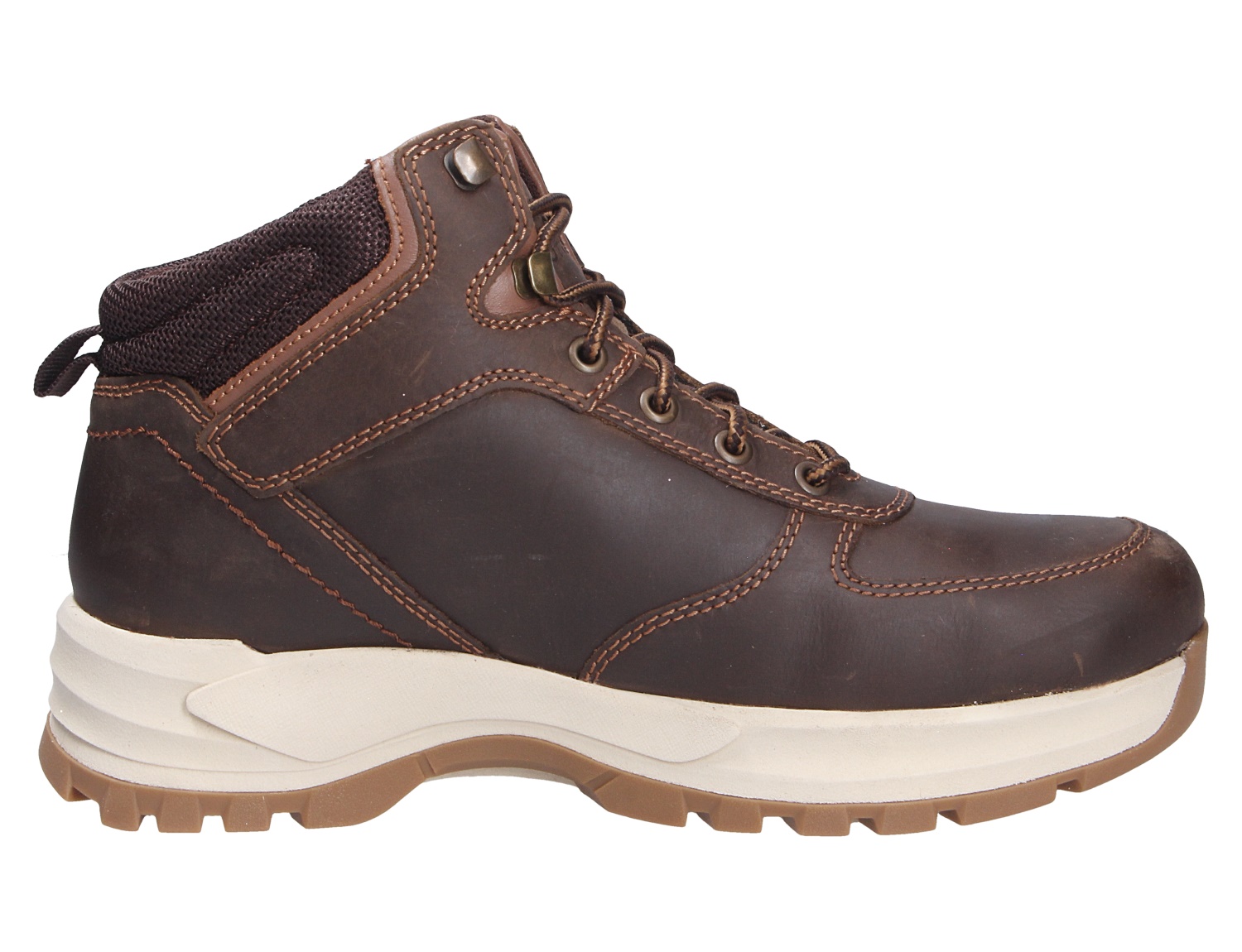 Brauner Dockers Herren Stiefel mit Schnürung, gepolstertem Schaft und robuster heller Profilsohle in der Seitenansicht