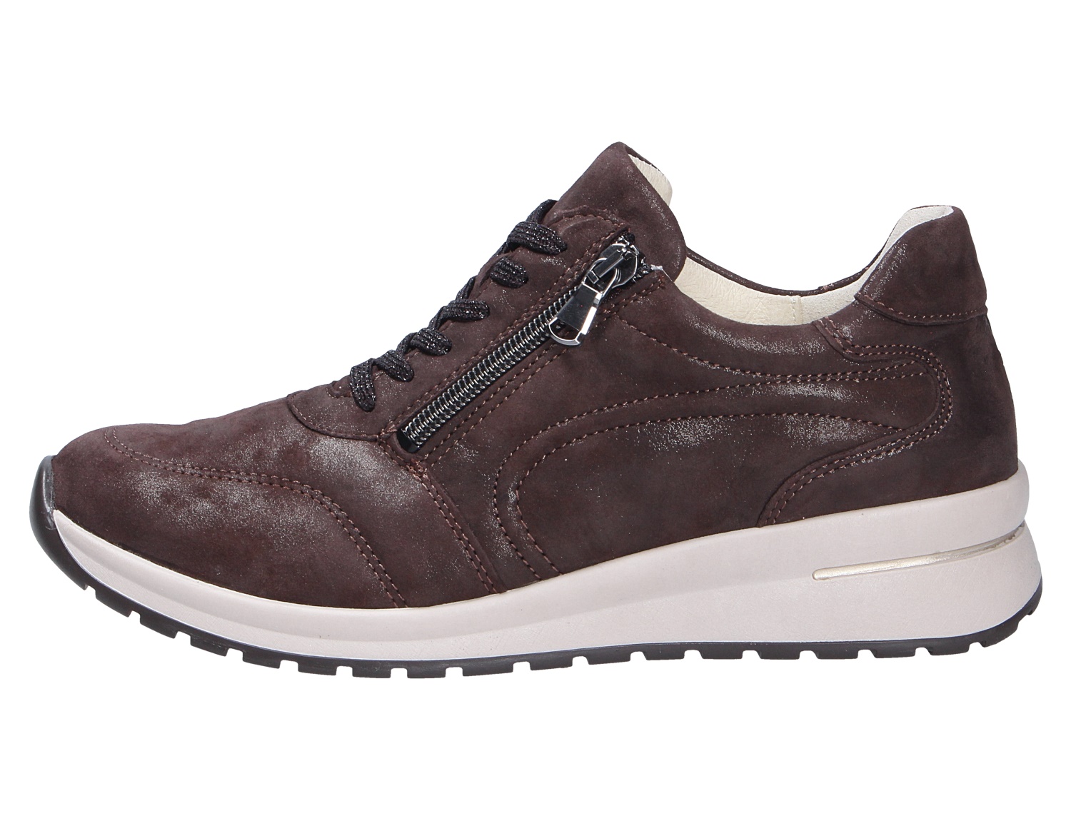 Seitenansicht des Waldläufer H-Inessa Sneakers in Dunkelbraun aus Nubukleder mit Reißverschluss, Schnürung und heller Laufsohle