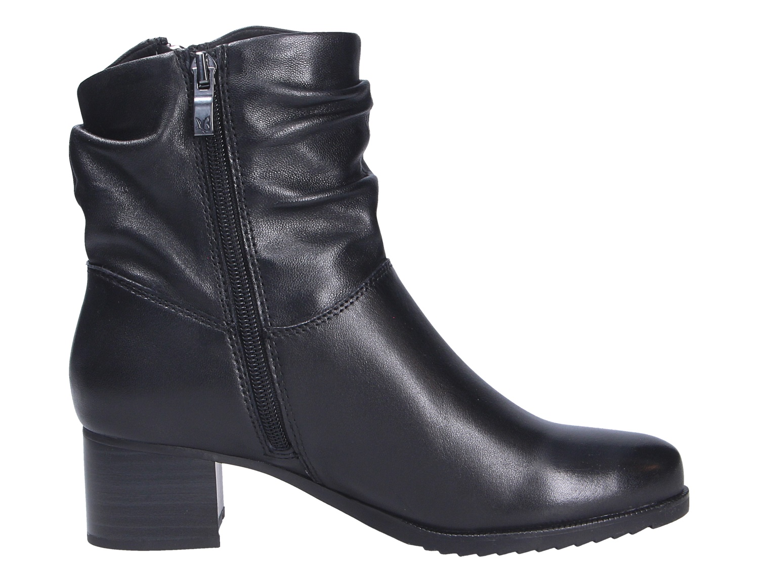 Caprice Damen Stiefel, schwarzer knöchelhoher Stiefel aus glattem Leder mit seitlichem Reißverschluss, gerafftem Schaft und Blockabsatz