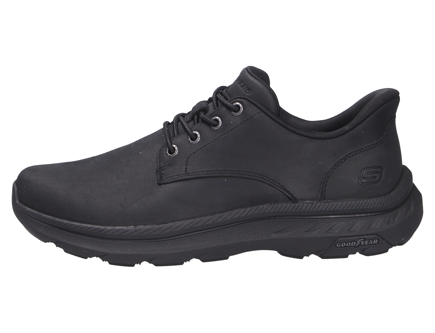 Skechers Herren Halbschuhe in Schwarz mit Schnürung, Profilsohle und seitlichem Logo in der Seitenansicht
