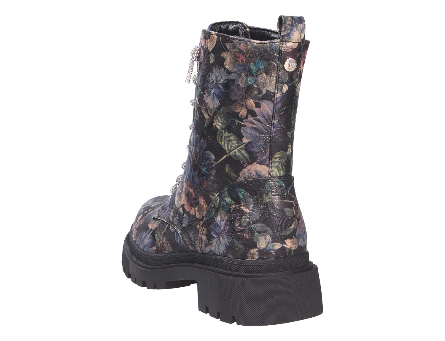 La Strada Damen Stiefel mit floralem Allover-Muster, Schnürung und schwarzer, markanter Profilsohle in seitlicher Rückansicht