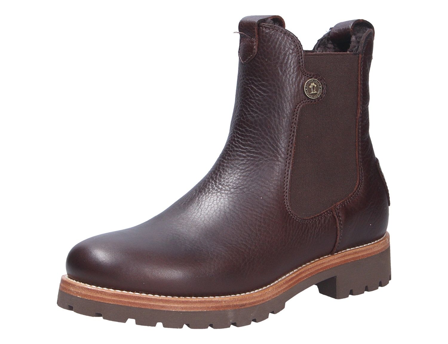 Panama Jack Francesca Chelsea-Boot aus dunkelbraunem Leder mit seitlichem Stretch-Einsatz, warmem Innenfutter und robuster Profilsohle