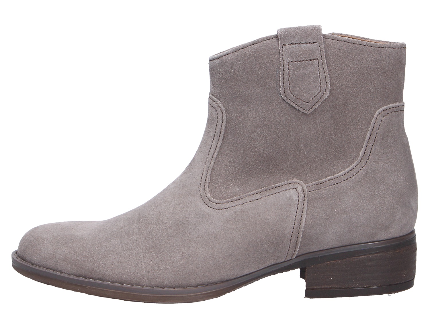 Gabor Damen Stiefel aus grauem Veloursleder mit Blockabsatz und Ziernähten in seitlicher Ansicht