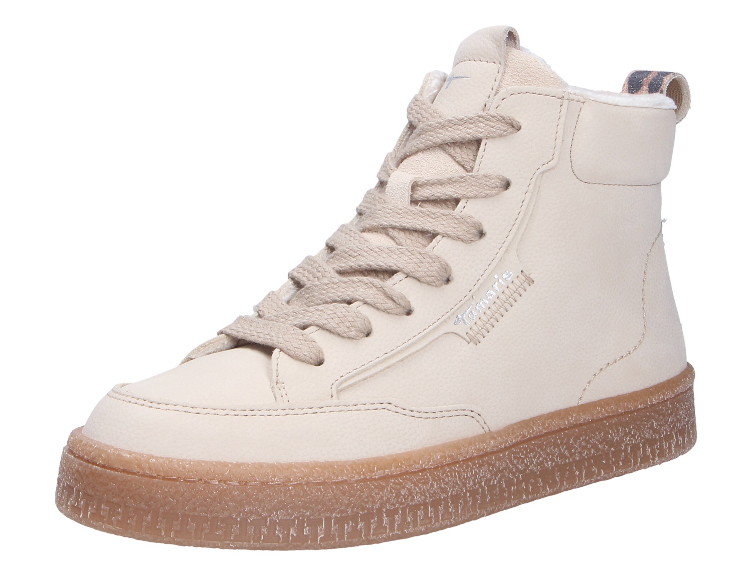 Tamaris Damen Sneaker in Creme, knöchelhoher High-Top mit Schnürung, seitlichem Reißverschluss und brauner Profilsohle
