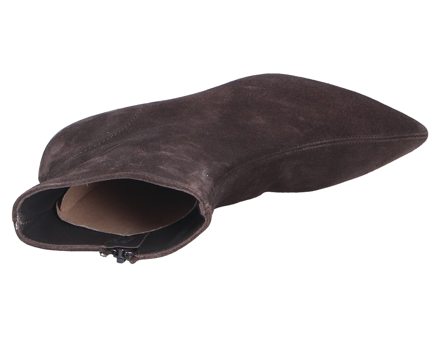 Paul Green Damen Stiefel aus dunkelbraunem Veloursleder, schlanke Form mit spitzer Kappe und Reißverschluss