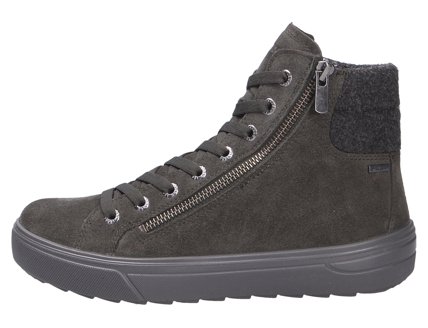 Legero Milena schwarzer Damen-Sneaker-Boot aus Veloursleder, seitliche Ansicht, mit Schnürung, Reißverschluss und warmer Schafthöhe