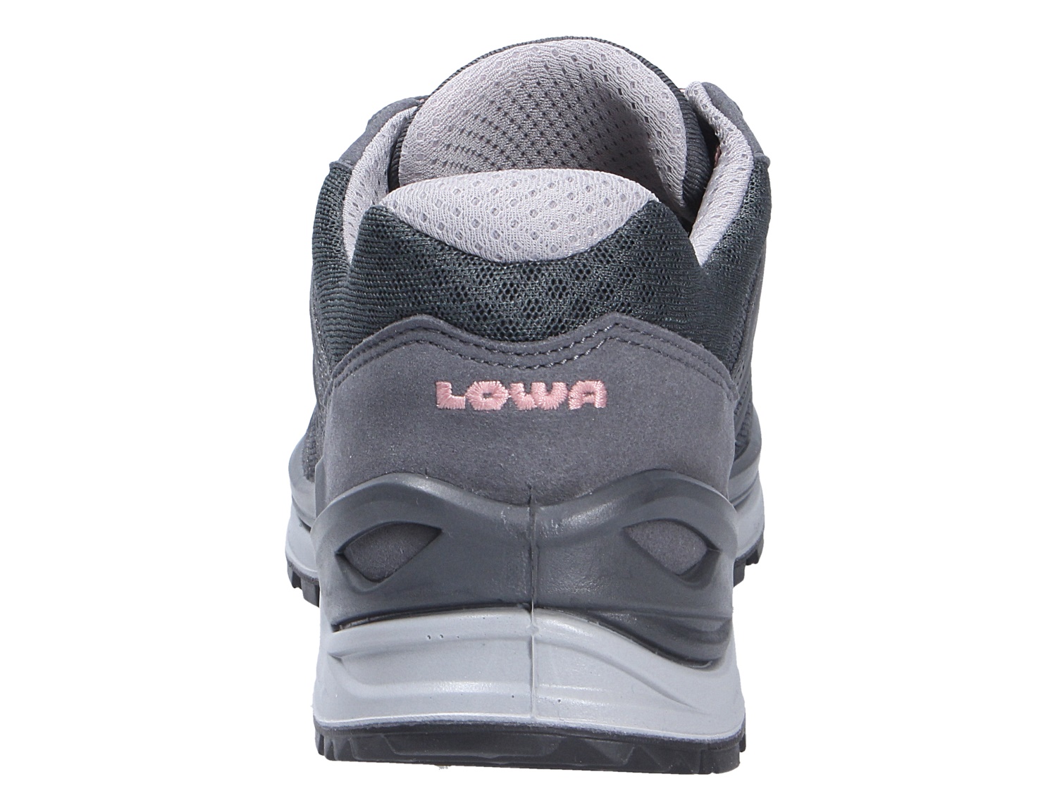 Rückansicht des Lowa INNOX PRO GTX LO Ws Damen-Outdoorschuhs in Grau mit gepolstertem Schaft, Fersenstabilisierung und profilierter Sohle