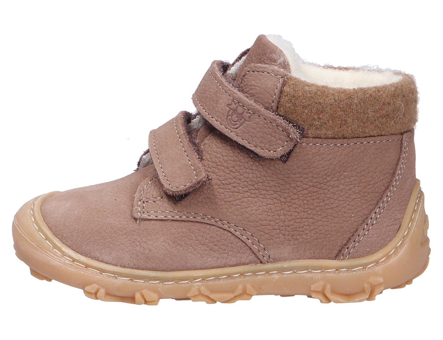 Ricosta Cory Kinder-Winterstiefel in Taupe, seitliche Ansicht, aus Leder mit zwei Klettverschlüssen, warmem Wollfutter und profilierter Sohle